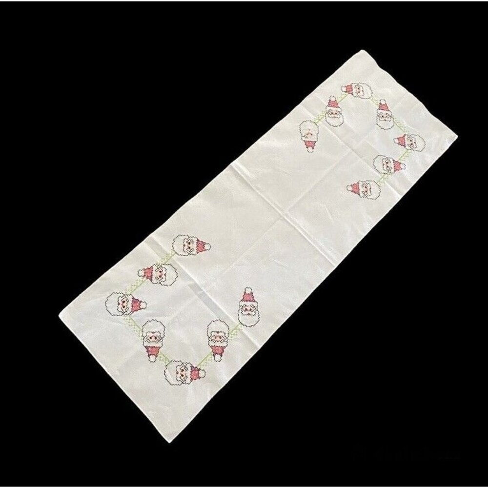 Vintage Table Runner Dresser Scarf Christmas Cross Stitch Santa White Red